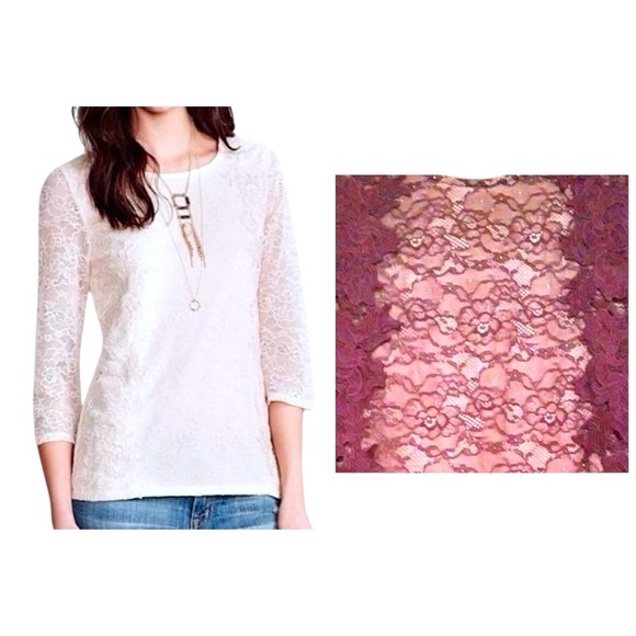 $148 Anthropologie Vintage Top Medium 6 8 Wine Lace Overlay 3/4 Sleeve Mixd Lace - Picture 5 of 16